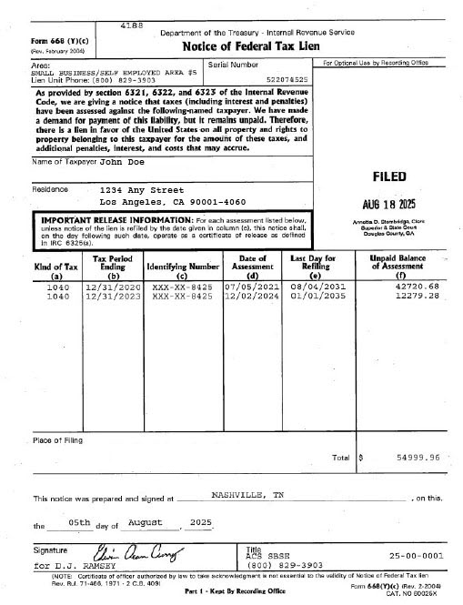 Sample Federal Tax Lien Document