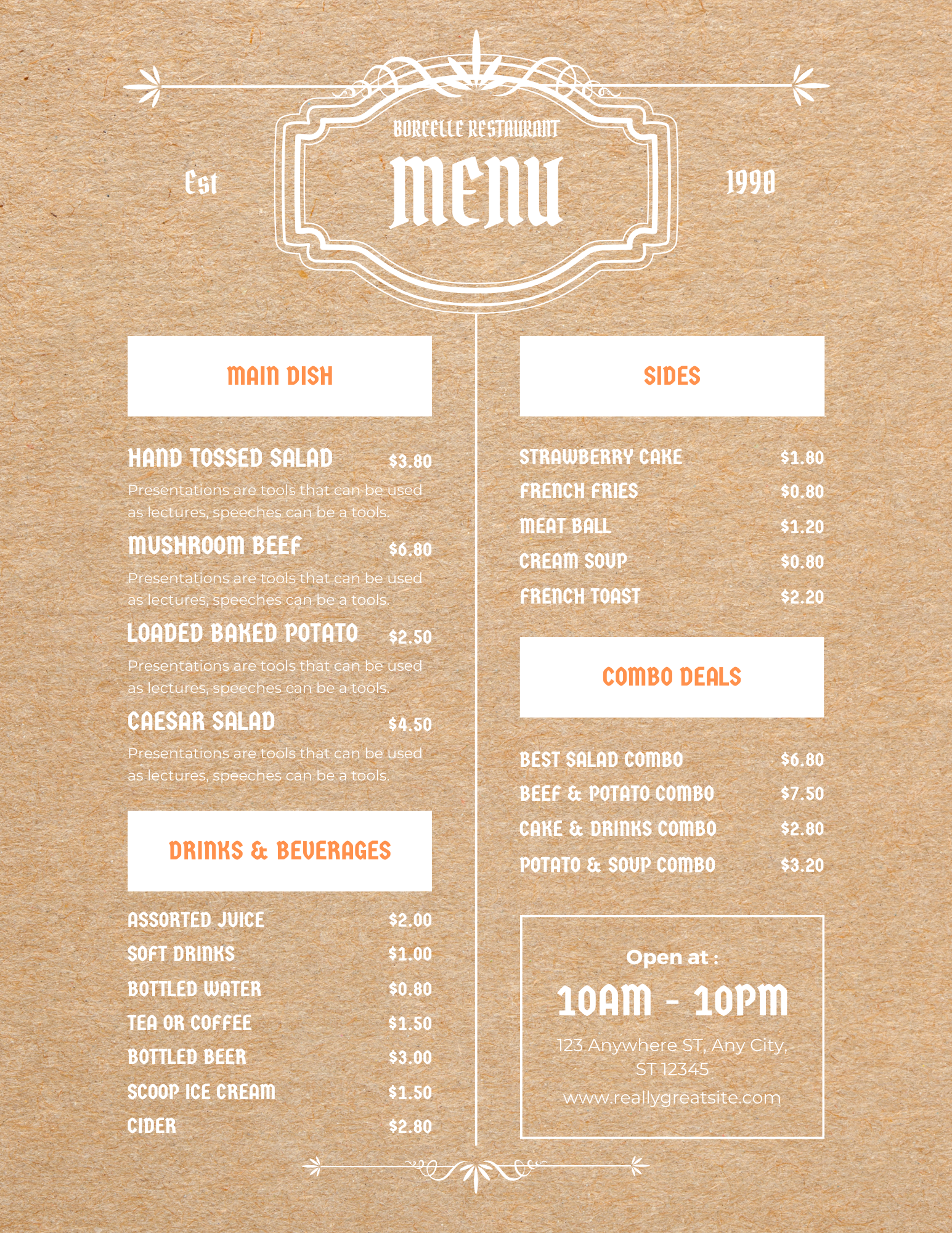 Brown kraft menu w/white ink